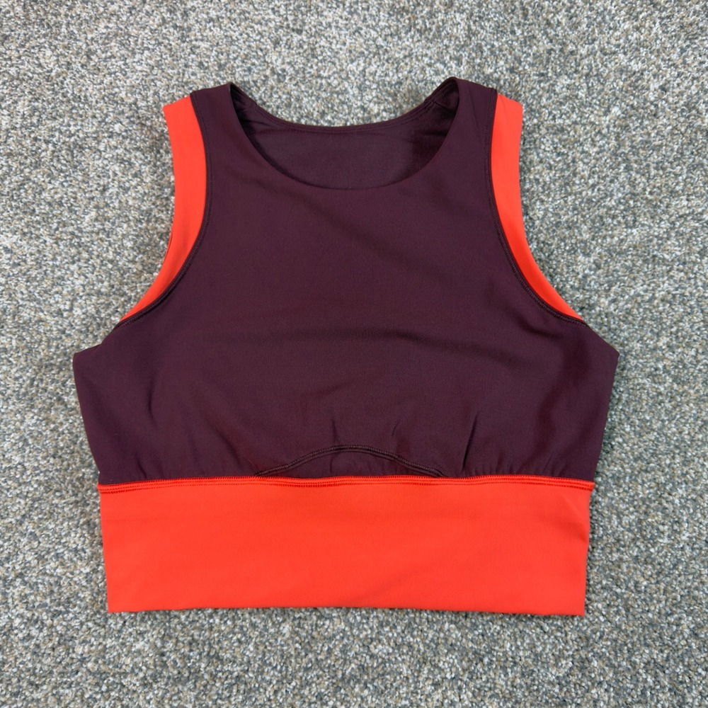 Lululemon High Neck Longline Sports Bra 8‎ Burgundy Orange Colorblock LW2ASHS